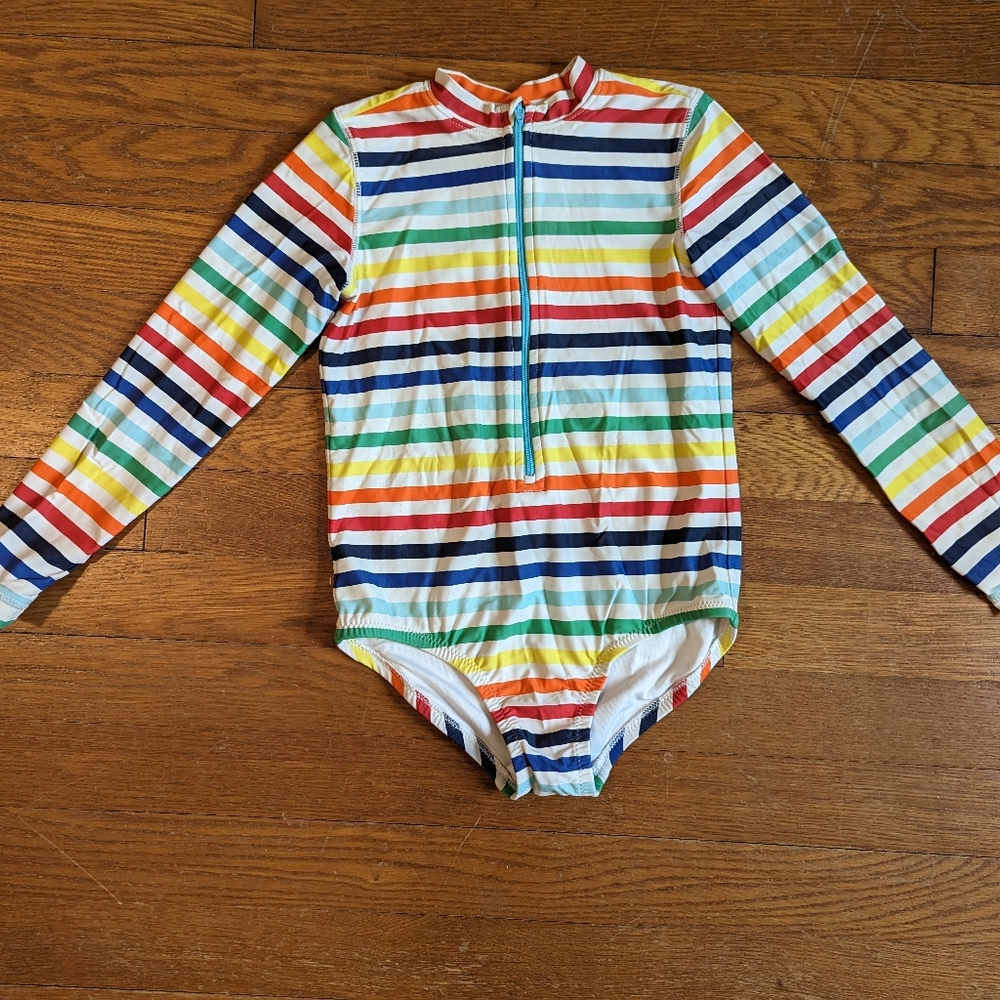 Primary.com white rainbow rashguard swimsuit